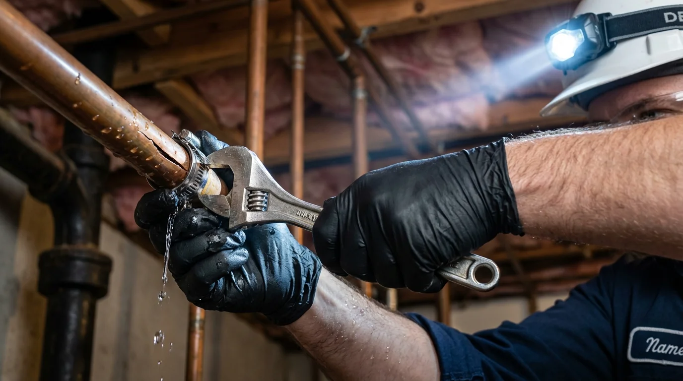 Emergency pipe clamp repair being performed by a Johns Plumbing LLC plumber in Eminence
