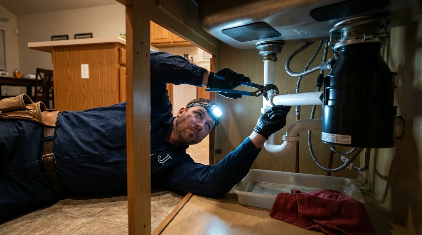 P-trap and supply line connections under a kitchen sink showing a common leak point in Eminence, KY